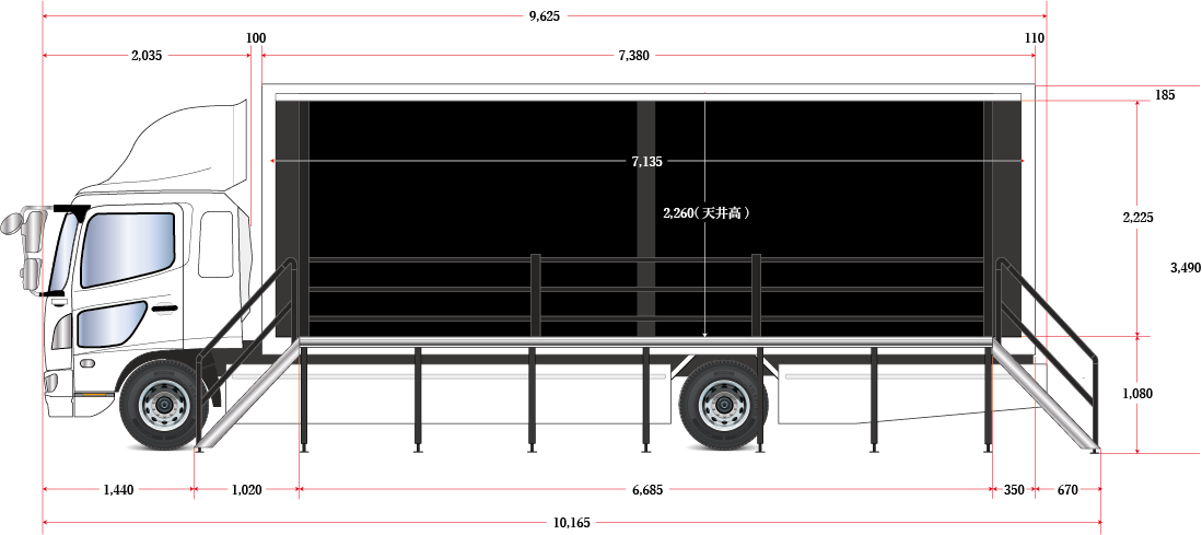 ディスプレートラック 車両サイズ（展開後・左側）