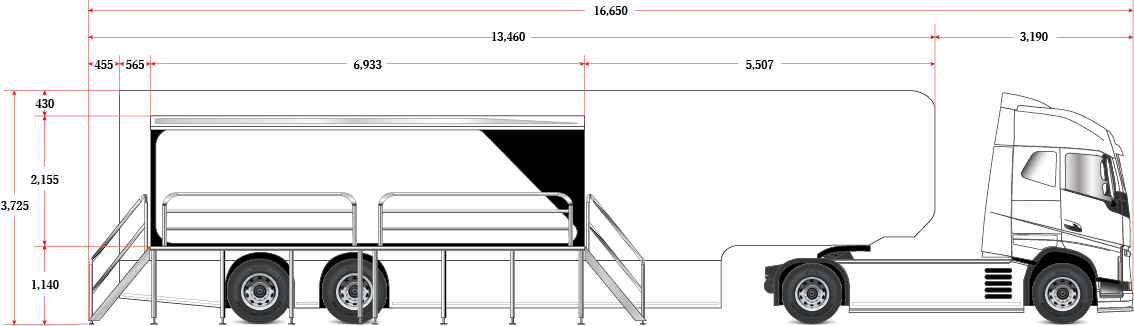 スケルトントレーラーの車両サイズ（展開後・右側）